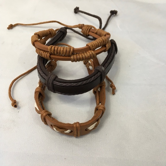 Genuine Leather Unisex 3 Piece Wristband Bracelet - Picture 4 of 8